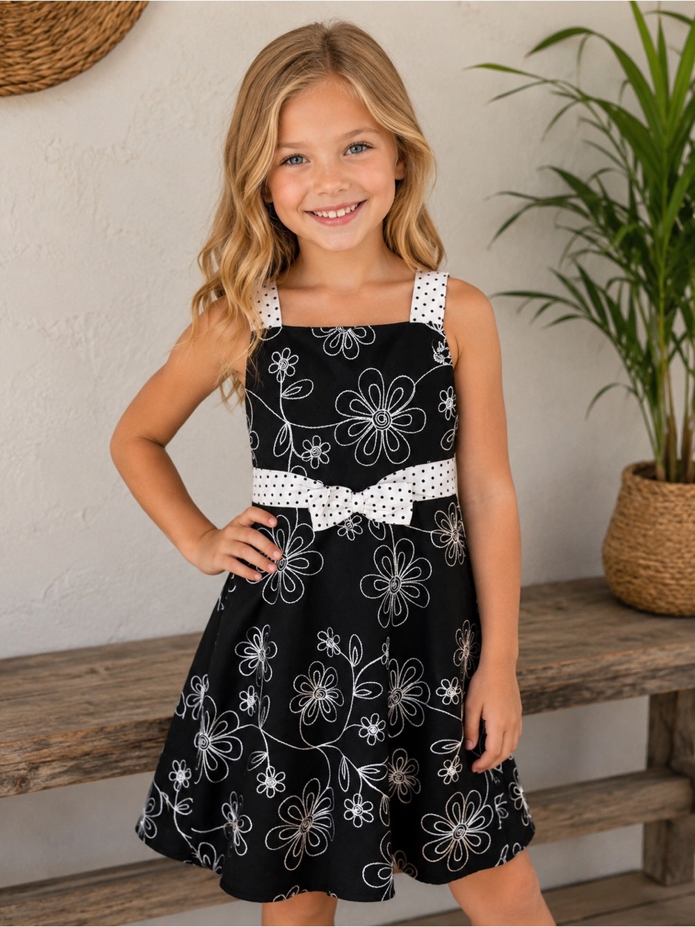 Rare Editions Black Dress with White Floral Embroidery and Polka Dot Belt